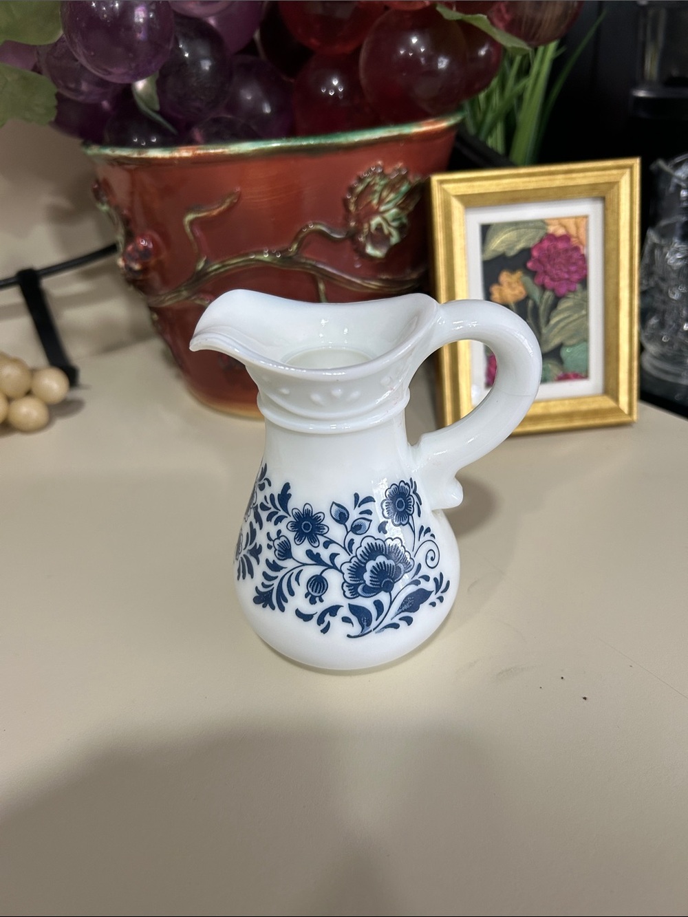 Avon White Milk Glass Pitcher with Blue Floral Pattern